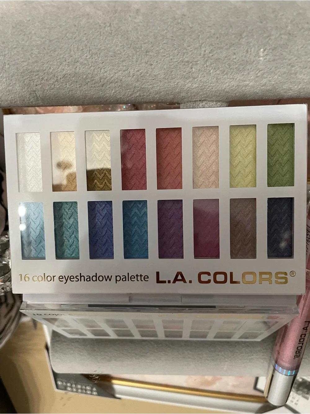 L.A. COLORS 16-Color Shimmer Eyeshadow Palette — and pink lip gloss new